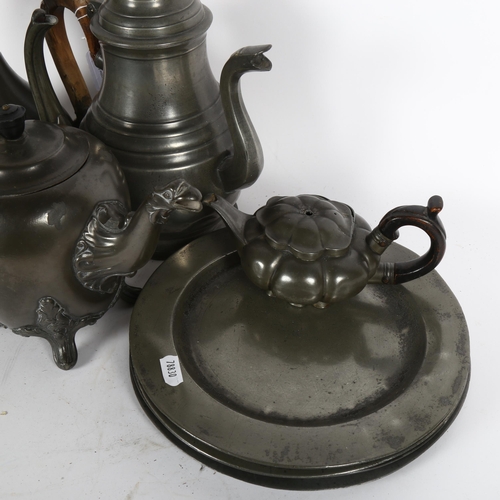 327 - Pewter teapot, height 18cm, another with fluted decoration, 2 coffee pots, 5 pewter plates (4 with t... 