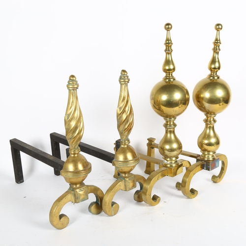 329 - A pair of ornate brass andirons, height 47cm, and a pair of brass and steel andirons