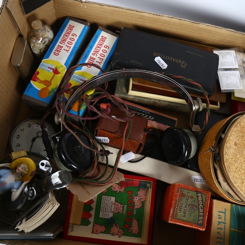 334 - Vintage games, a pocket watch, pin doll, coins, drawing set, stereo viewer, art study, cards etc