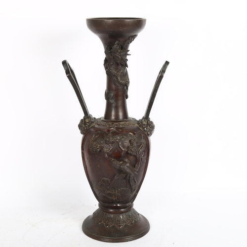 338 - Antique Japanese bronze 2-handled vase, with bird and dragon decoration, 45cm