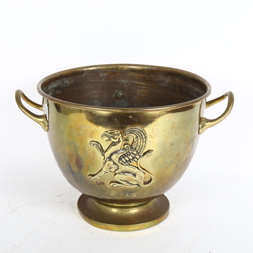 339 - Antique Soutterware embossed brass 2-handled pot, with griffon decoration, height 20cm