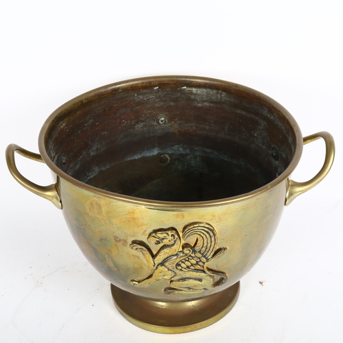 339 - Antique Soutterware embossed brass 2-handled pot, with griffon decoration, height 20cm