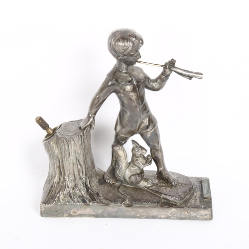 342 - A patinated spelter desk-top Vesta, modelled as a boy and squirrel, height 18cm