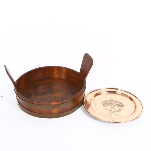 344 - A Lister woodcraft container with brass bands, and a KSIA copper plaque with salmon design, 21cm