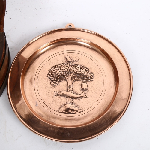 344 - A Lister woodcraft container with brass bands, and a KSIA copper plaque with salmon design, 21cm