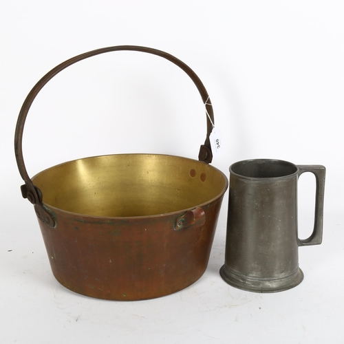 348 - A brass jam pan with steel swing handle, and a Sheffield pewter mug