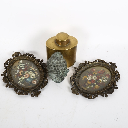 349 - Antique engraved brass tea caddy, height 10cm, a pair of cast gilt-metal frames, and a verdigris Bud... 