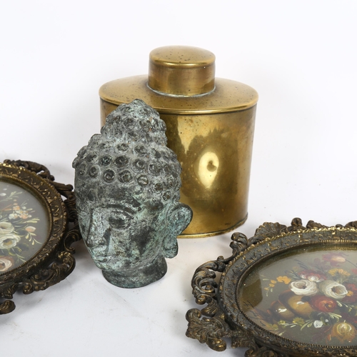 349 - Antique engraved brass tea caddy, height 10cm, a pair of cast gilt-metal frames, and a verdigris Bud... 