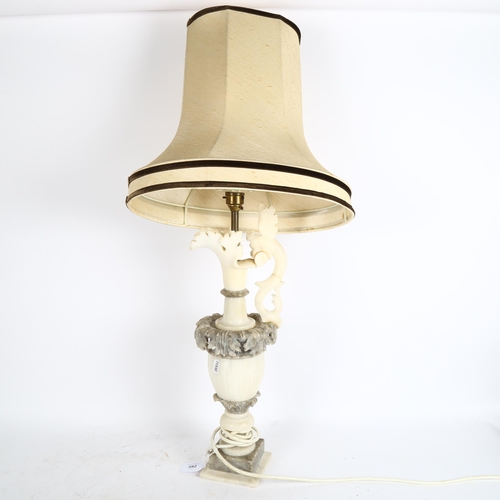 392 - A carved alabaster table lamp and shade, height 76cm