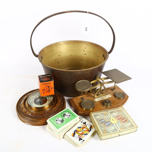 458 - A brass jam pan, postal scales, barometer etc