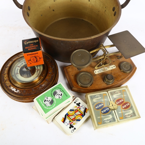 458 - A brass jam pan, postal scales, barometer etc