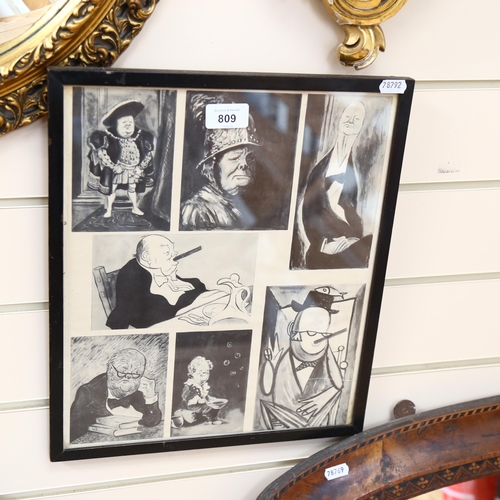 809 - Framed printed cartoon studies of Winston Churchill, height 38cm overall