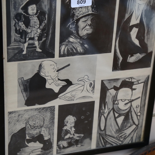 809 - Framed printed cartoon studies of Winston Churchill, height 38cm overall