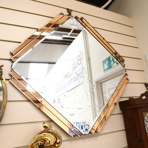 813 - An Art Deco style peach and clear glass geometric mirror, etched design, width 72cm