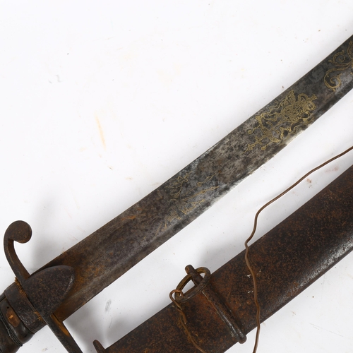 821 - A 19th century English Cavalryman's sword with engraved blade, and steel scabbard, 87cm