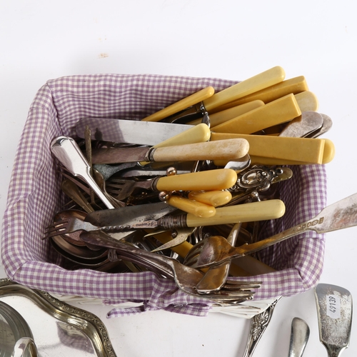 1006 - A box of mixed plated cutlery and ivorine-handled knives, fluted tureen and cover, 2 tankards, servi... 