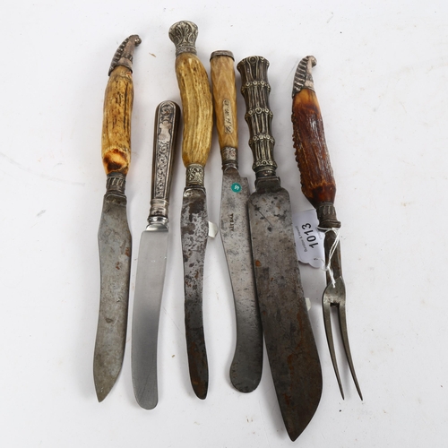 1013 - 5 various horn and silver plated handled carving knives and fork, and another (6)