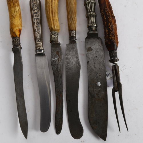 1013 - 5 various horn and silver plated handled carving knives and fork, and another (6)