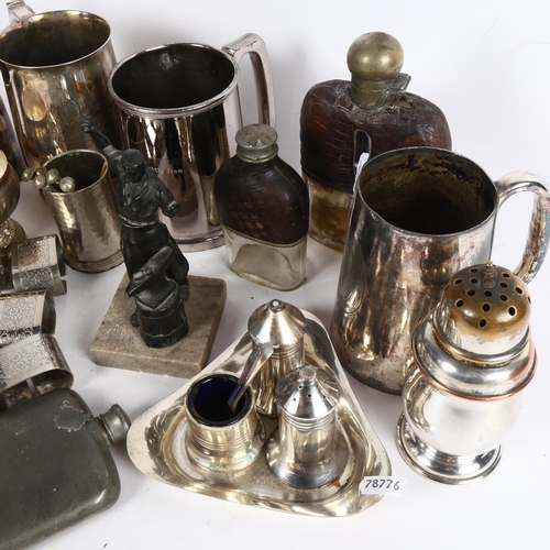 1017 - A group of silver plated ware, to include 2 hip flasks, tankards, cruet set etc