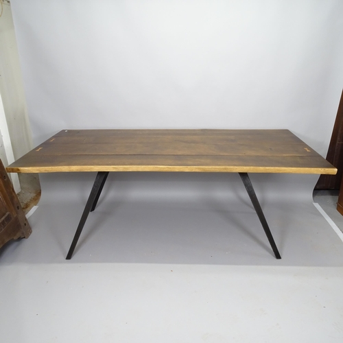 2504 - A contemporary oak plank-top dining table, on painted metal legs, 200cm x 76cm x 100cm