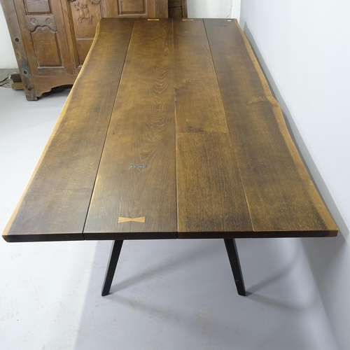 2504 - A contemporary oak plank-top dining table, on painted metal legs, 200cm x 76cm x 100cm