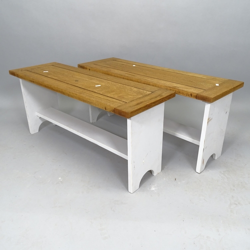 2509 - A pair of pine benches on painted base, 91cm x 41cm x 30cm