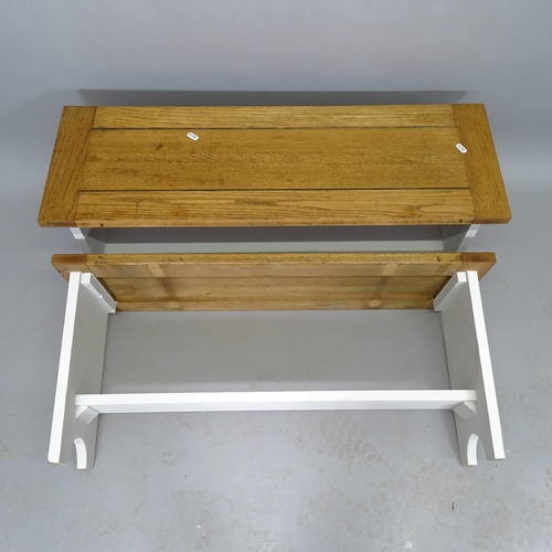 2509 - A pair of pine benches on painted base, 91cm x 41cm x 30cm