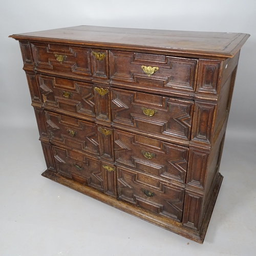 2513 - A 17th century style joined oak chest of 4 long drawers, 110cm x 98cm x 58cm