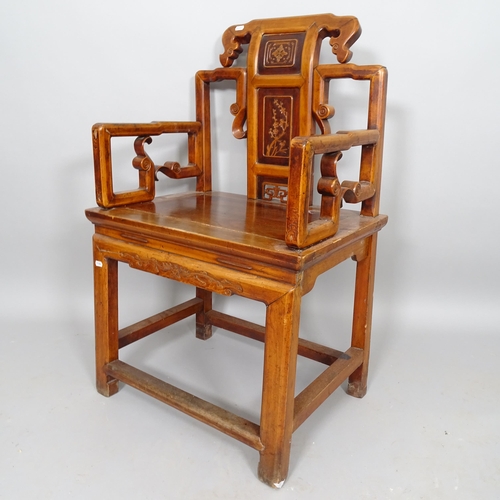 2515 - A Chinese hardwood open arm chair, with carved back