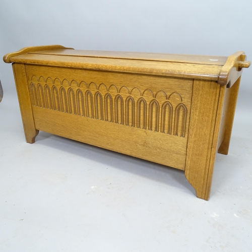 2523 - A modern contemporary light oak blanket box, with carved linenfold decoration, 99cm x 50cm x 48cm