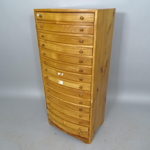 2524 - A modern mahogany bow-front collector's chest of 15 drawers, 46cm x 98cm x 35cm