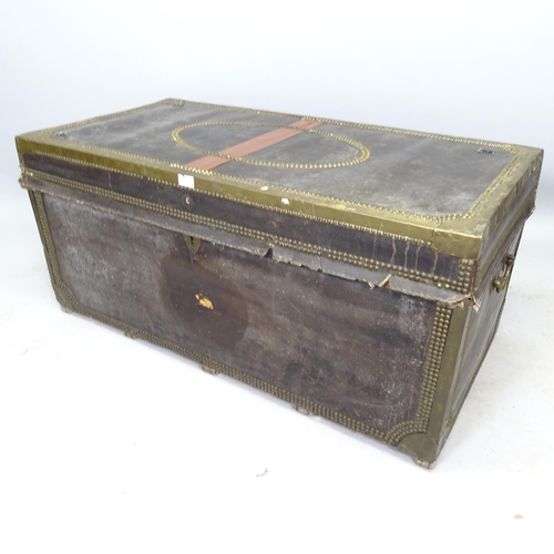 2532 - A brass-bound and leather-covered camphor wood trunk, 108cm x 48cm x 54cm, and a bamboo-effect minia... 