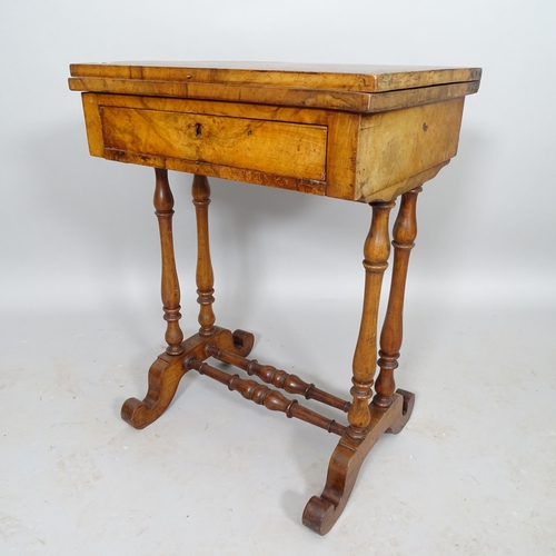 2533 - A 19th century mahogany fold over games table, with single frieze drawer, 51cm (extending to 76cm) x... 