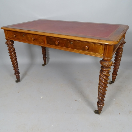 2538 - A 19th century mahogany writing table, with tooled and embossed red leather skiver, 2 fitted drawers... 