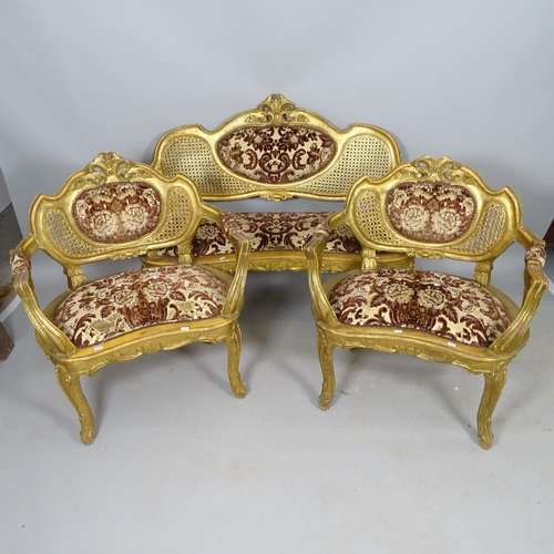 2539 - An Antique gilt painted 3-piece salon suite, comprising settee and 2 armchairs, settee length 126cm