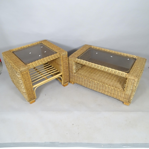 2544 - A contemporary wicker 2-tier coffee table, with inset smoked glass top, 98cm x 48cm x 55cm, and a ma... 