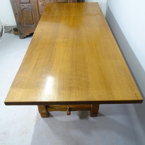 2549 - A contemporary oak dining table, with H-shaped stretcher, 221cm x 77cm x 95cm