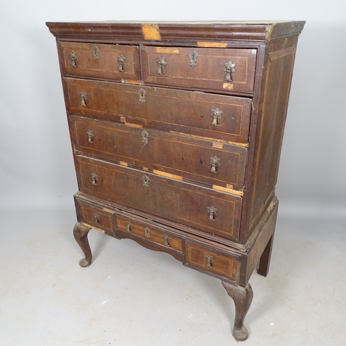 2554 - An 18th century mahogany and satinwood-strung 2-section chest on stand, the top section having 2 sho... 