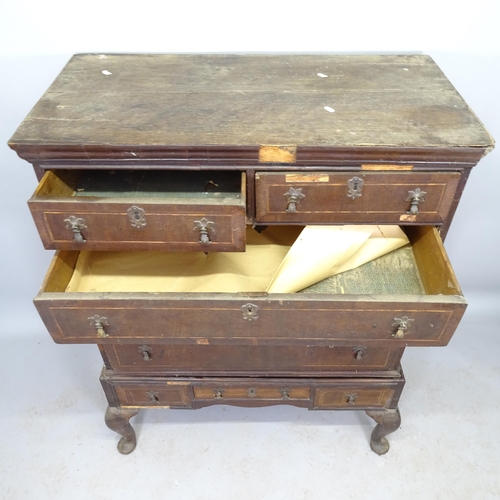 2554 - An 18th century mahogany and satinwood-strung 2-section chest on stand, the top section having 2 sho... 