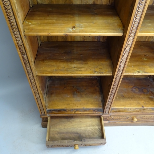 2566 - An Antique mahogany Arts and Crafts side-by-side bookcase, with 6 fitted shelves and 2 drawers under... 