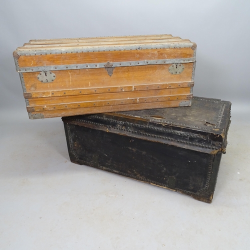 2570 - An Antique metal-bound camphor wood trunk, 90cm x 35cm x 50cm, and a black leather-covered and metal... 