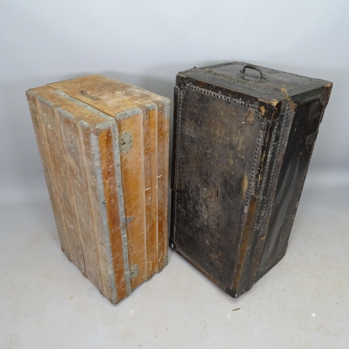 2570 - An Antique metal-bound camphor wood trunk, 90cm x 35cm x 50cm, and a black leather-covered and metal... 