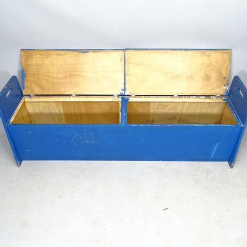 2572 - A Vintage painted wooden bench, with lifting seats, 180cm x 65cm x 50cm