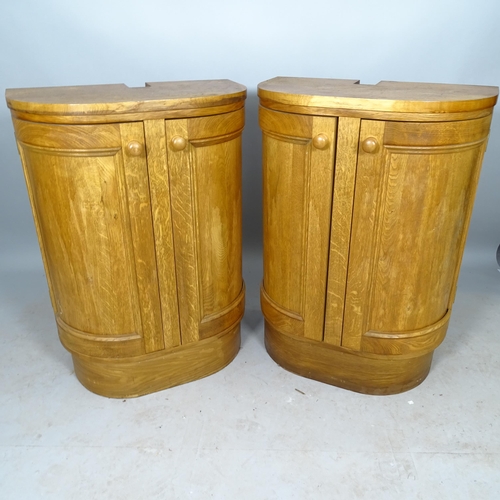 2574 - A pair of mid-century teak bow-front 2-door cabinets, 66cm x 92cm x 38cm