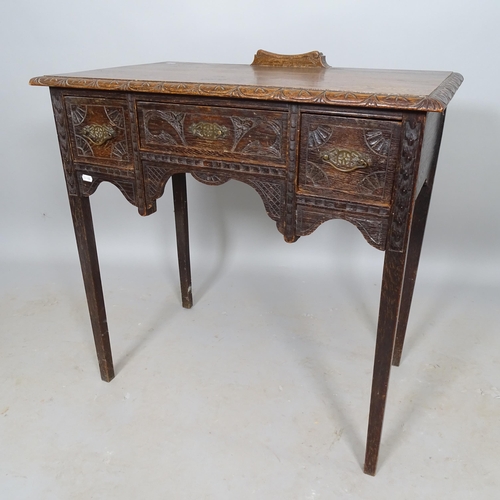 2586 - An Antique carved oak hall/side table, with 3 fitted drawers, 76cm x 75cm x 45cm