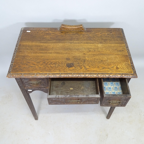 2586 - An Antique carved oak hall/side table, with 3 fitted drawers, 76cm x 75cm x 45cm