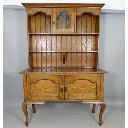 2590 - An Antique oak Arts and Crafts 2-section dresser, the top section with single leadlight glazed panel... 