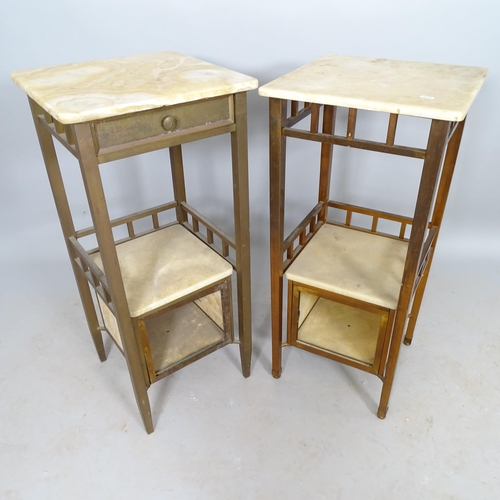 2595 - A pair of marble-top and brass-framed 2-tier bedside tables, with cupboards under, 38cm x 82cm