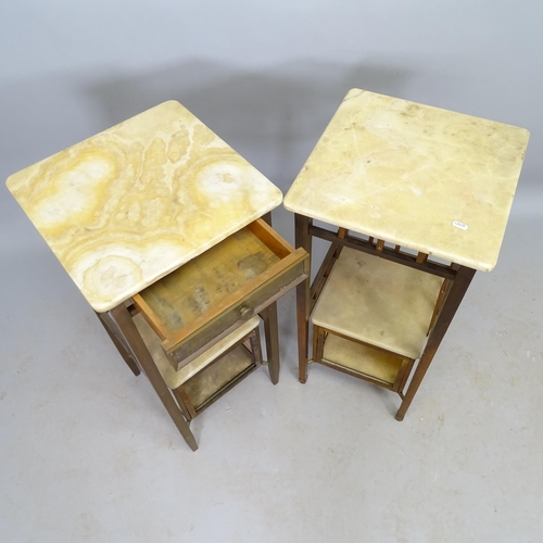 2595 - A pair of marble-top and brass-framed 2-tier bedside tables, with cupboards under, 38cm x 82cm