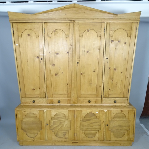 2598 - A pine Gothic style 2-section cabinet, 170cm x 198cm x 45cm